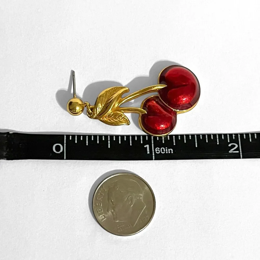 Vintage Avon Red Enamel Cherry Earrings Gold Tone Chunky Pierced Fruit Dangle